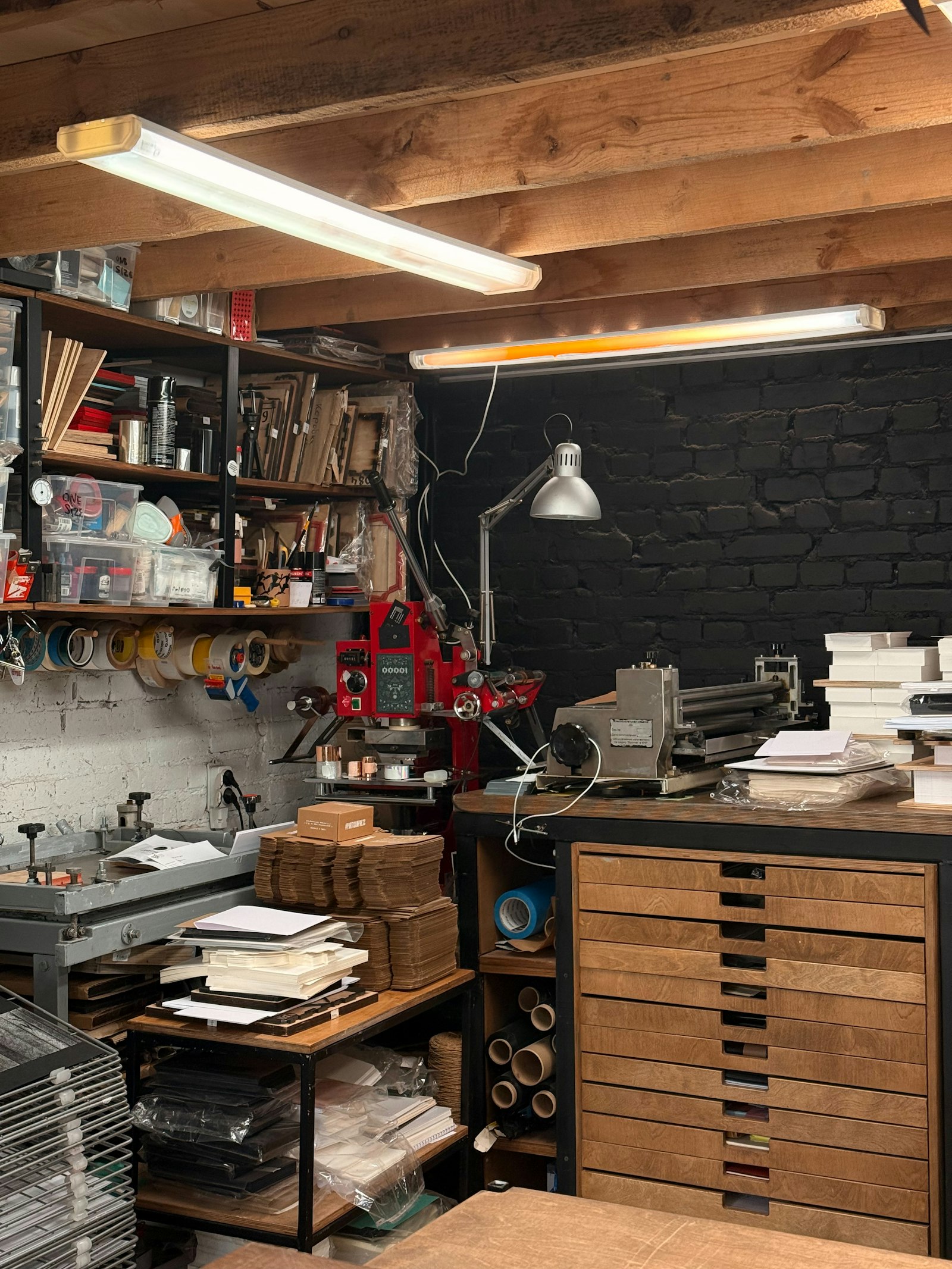 Print and paper workshop, foil press and stock drawers